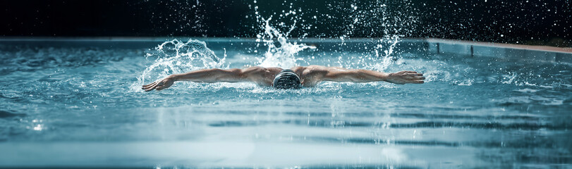 Dynamic image of young muscular man, professional swimming training in swimming pool. Speed,...