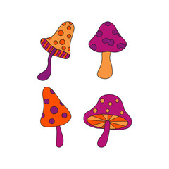 Retro Trippy Mushroom Collection For Template Design Elements