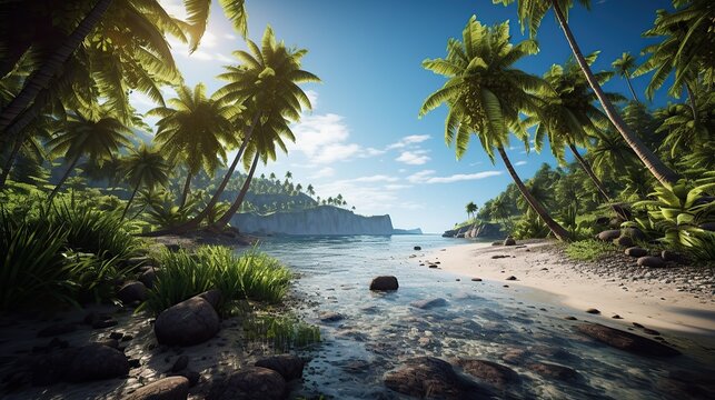 Beautiful tropical beach and sea with coconut trees. 3d rendering. Generative AI