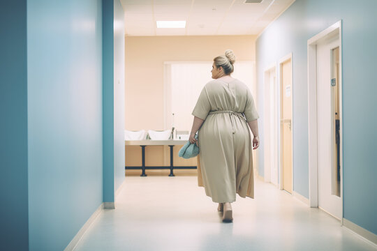 Curvy, plus size, big, chubby woman in off white dress walking down hospital hallway. Generative AI image.