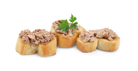 Tasty sandwiches with cod liver and parsley isolated on white