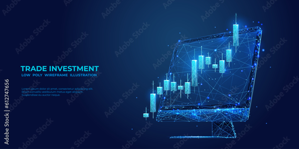 Leinwandbilder digital stock market concept. low poly candlesticks on an abstract computer monitor. the conception 
