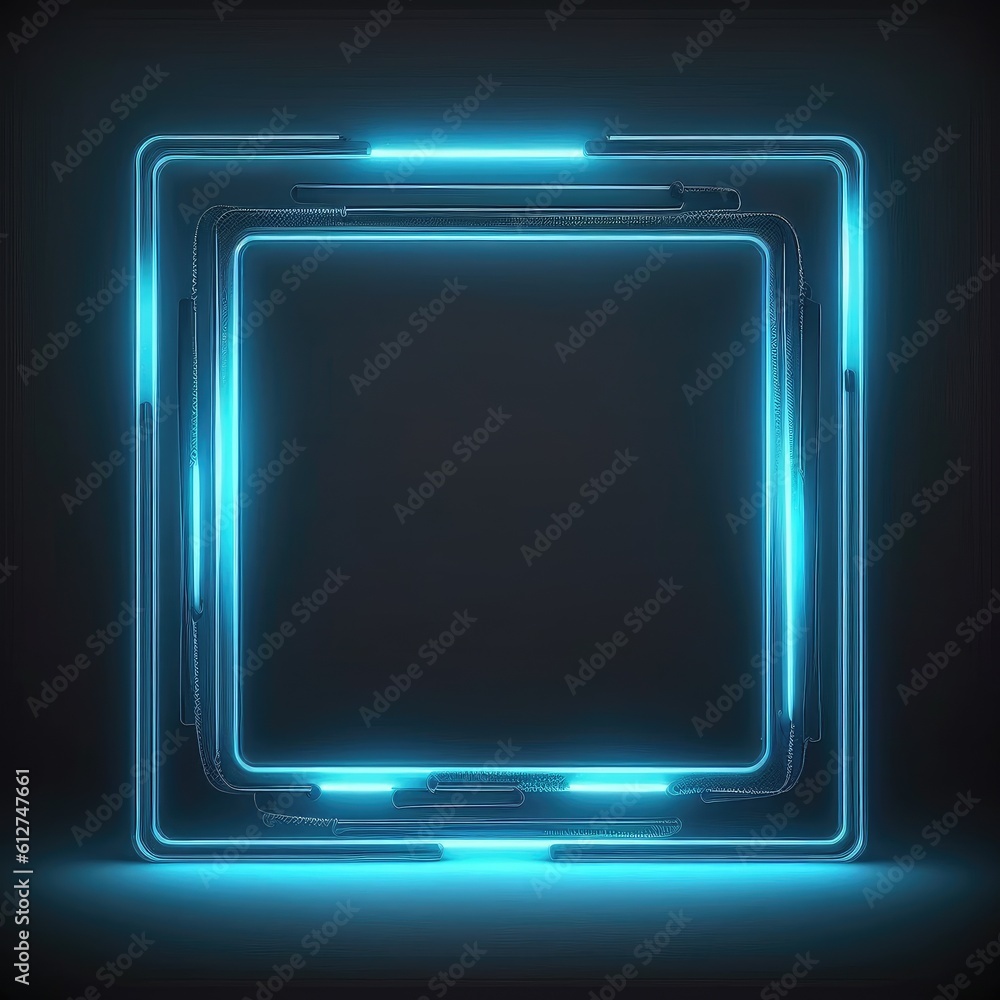 Poster innovation of square border frame with blue neon light effects overlapped geometry in concept. fines