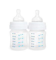 Two empty feeding bottles for infant formula on white background