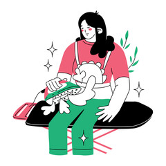 A woman irons trousers on an ironing board. Steaming laundry. Home routines. House cleaning service. Vector illustration isolated on white background.