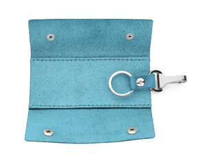 Stylish leather key holder isolated on white, top view