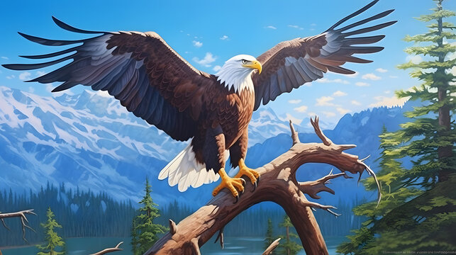 A majestic bald eagle perched on a branch overlooking a magnificent mountain range, with its wings spread wide against a clear blue sky, capturing the essence of freedom and power. Generative AI
