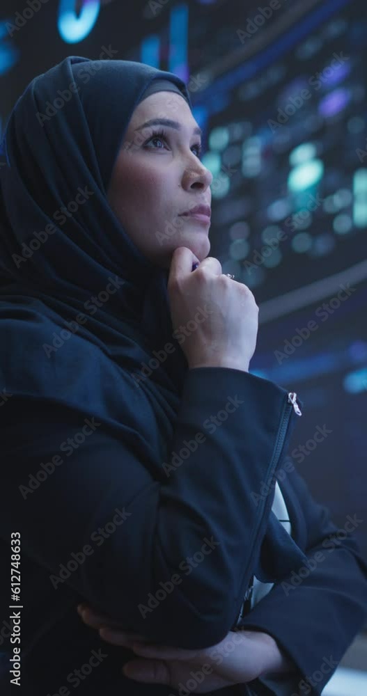Poster Vertical Screen: Talented Muslim Software Programmer Working in Technological Innovative Agency Startup. Young Female Manager Dealing with Cloud Based Neural Network Research and Development
