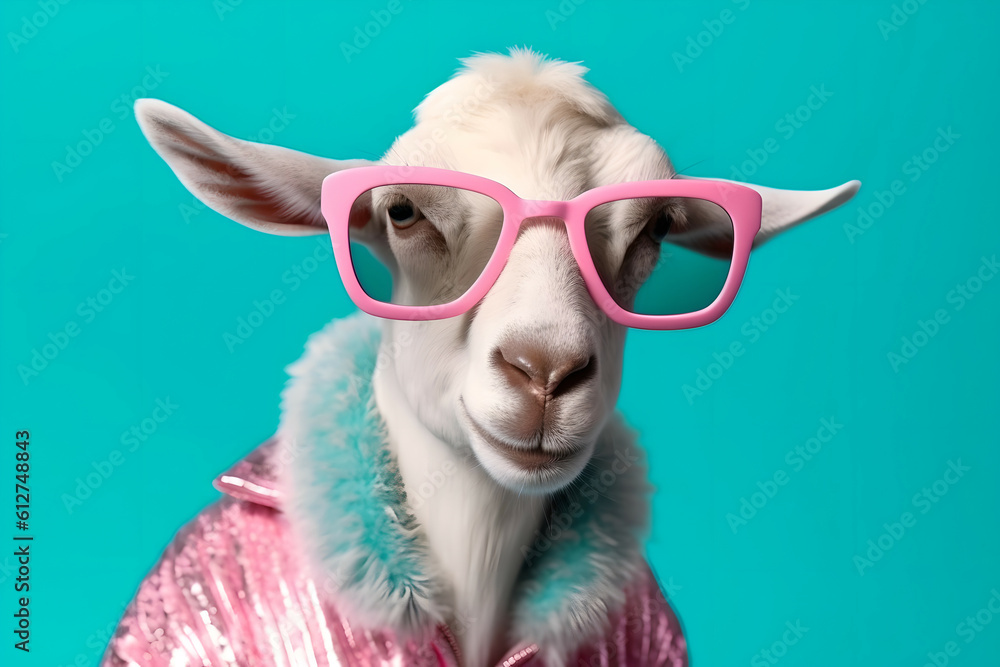 Wall mural a white goat in a pink jacket and pink glasses as a stylish model. minimal cool concept of fashion a