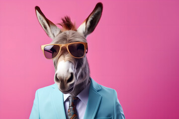 Stylish cool donkey in sunglasses, business suit and tie. Minimal creative concept of business and success. Generative AI.