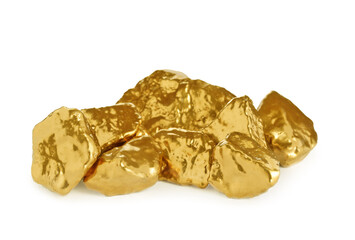 Pile of shiny gold nuggets on white background