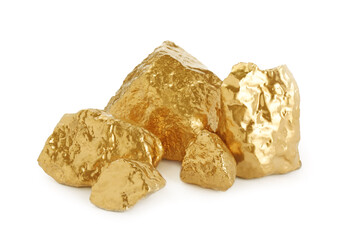 Pile of shiny gold nuggets on white background