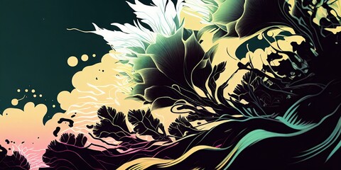 Graphical curve of waves Emotional space of summer that changes fluidly Abstract, elegant and modern illustrations with aggressive and flashy colorsby AI generated.