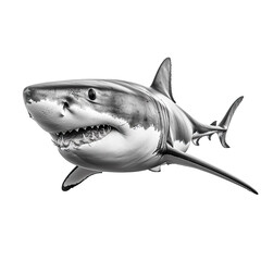 A picture of a shark with its mouth open, isolated on a white background, the teeth underneath are clearly visible - obrazy, fototapety, plakaty