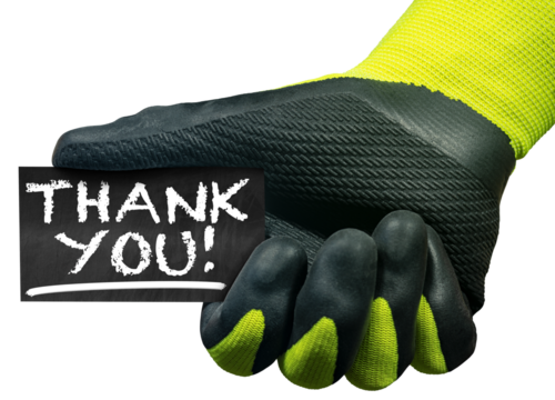 Hand with protective work glove holding a business card with text thank you, isolated on white or transparent background. (Blackboard and chalk writing). Png.