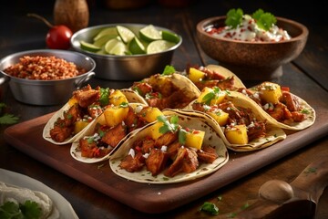 Tacos al pastor mexican traditional dish on wooden board. Created with Generative AI technology