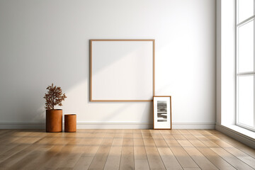 An empty room with a picture frame on the wall. Generative AI. Mockup, a blank picture frame.