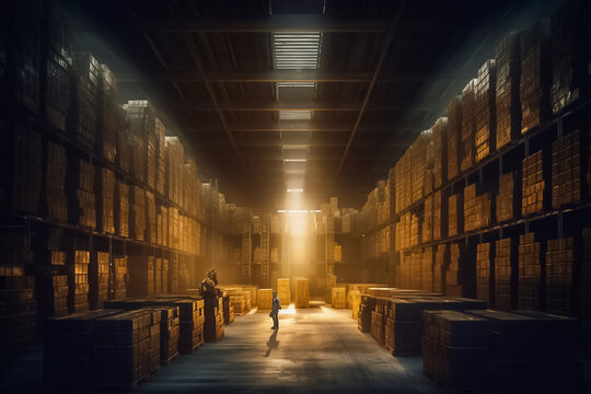 the enchanting allure of a spotless indoor warehouse, where a combination of low ambient light and gentle sunlight pouring in from the windows creates a serene and inviting environment. Generative AI.