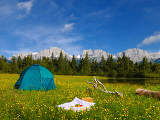 Ein Zelt und eine Picknickdecke mit einem Wald und Bergen im Hintergrund