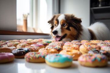 Dog looking at donut pastries with sugar sprinkles. Generative AI illustration