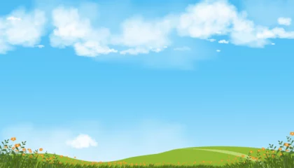 Poster Nature Spring Countryside Landscape,Green Field,Cloud,Summer Sky,Natural Horizon rural scene with green meadow and flower on hills in Sunny day,Banner for Eater, Environment day background © Anchalee