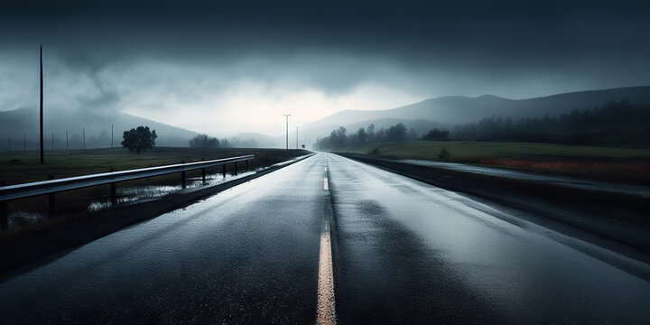 Minimalistic wet road and rain. Wet empty highway. Generative AI