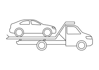 Tow truck service, line art icon. Wrecker transporting crashed passenger car, help accident of transport of brocken vehicle. Vector outline