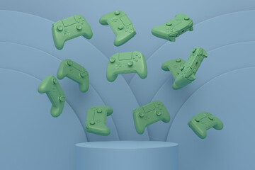 Set of video game joystick on cylinder podium with step on monochrome