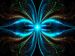  very thin abstract metallic wave lines in shades of azure and cyan, black background,Generative AI