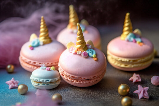 Cute French macaron sweets with unicorn horns. Generative AI illustration