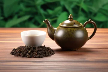 Foto op Aluminium Green tea and teapot on wood table. Photo generative AI © pixardi