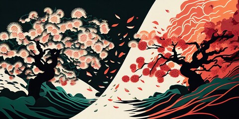 Graphical cherry blossoms Emotional design that feels like summer Abstract, elegant and modern illustrations in aggressive and flashy colorsby AI generated.
