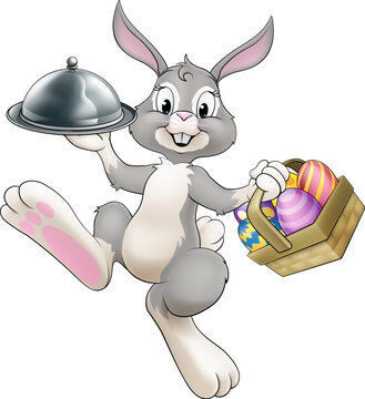 An Easter bunny rabbit cartoon character, possibly the chef, serving or delivering food from a restaurant in a silver cloche tray plate or platter.