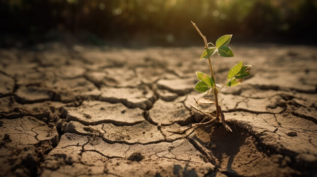 Green plant growing on cracked earth background. Global warming and climate change concept