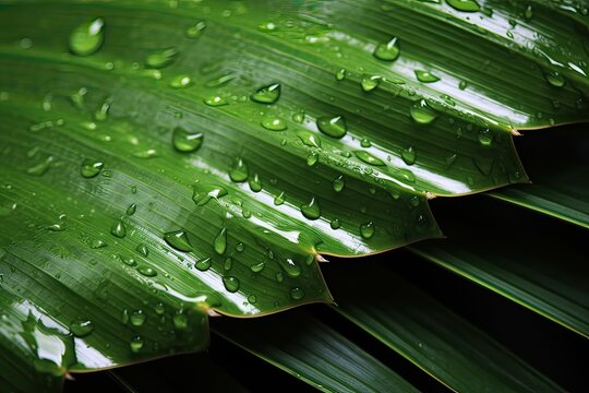 Tropical coconut palm leaf with water droplets. Closeup nature photo of palm leaves background textures after rain, relaxing natural sunlight. Water droplet, droplets, botany jungle