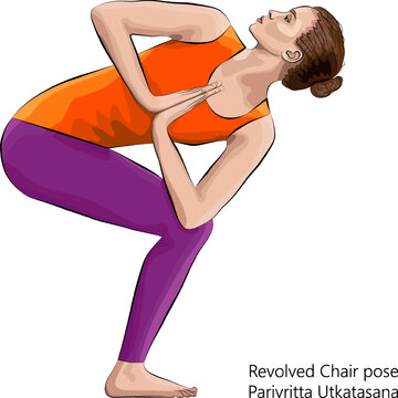 Young woman practicing yoga exercise, doing Revolved Chair pose. Parivritta Utkatasana. Standing and Twist. Beginner. Vector illustration isolated on white background.