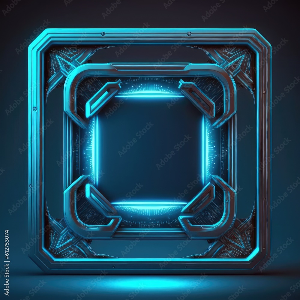 Poster abstract of glowing futuristic square frame illuminated with neon blue color light. concept of futur