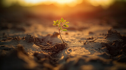 Young plant growing on cracked ground. Concept of drought and global warming