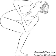 Sketch of young woman practicing yoga, doing Revolved Chair pose. Parivritta Utkatasana. Standing and Twist. Beginner. Vector illustration isolated on transparent background.