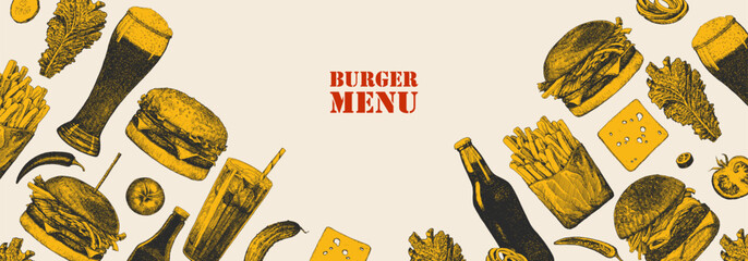 Burger Menu. Hand-drawn illustration of dishes and products. Ink. Vector 
