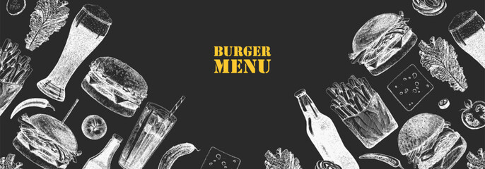 Burger Menu. Hand-drawn illustration of dishes and products. Ink. Vector 
