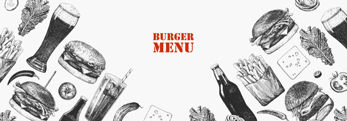 Burger Menu. Hand-drawn illustration of dishes and products. Ink. Vector 
