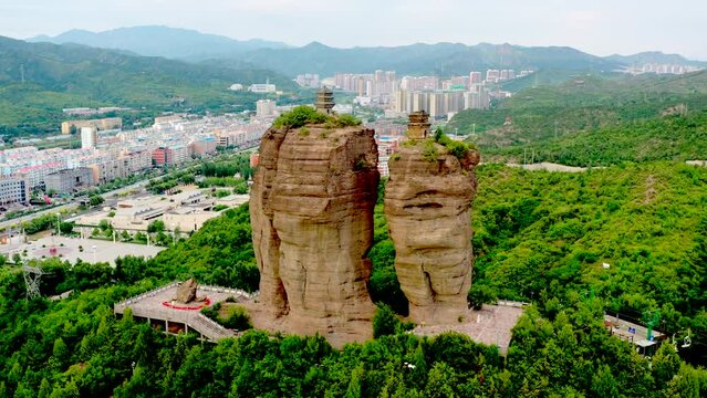 Aerial photography of Shuangta Mountain in Chengde City,
