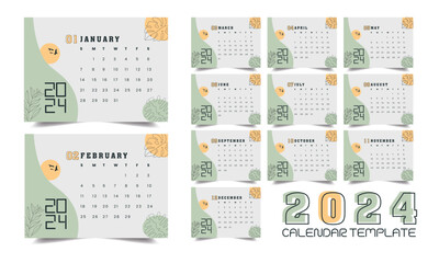 2024 calendar. Cover, set of 12 months pages and page with 2024 calendar. Vector illustration.