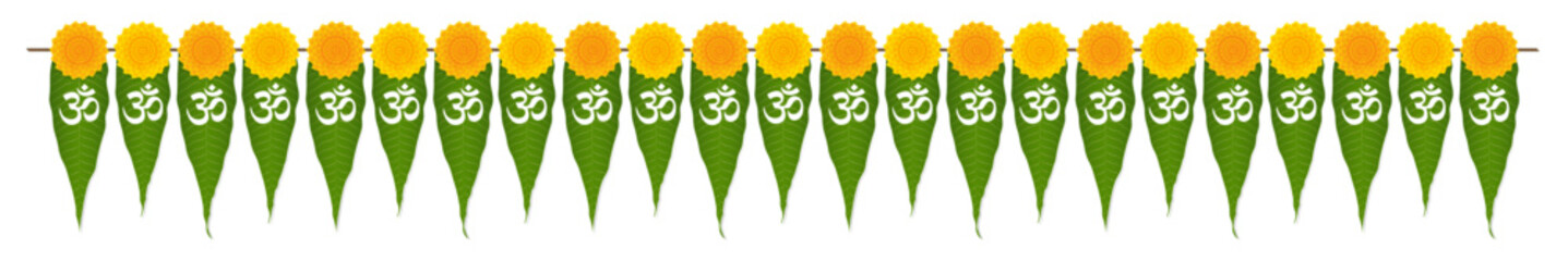 Traditional Indian floral garland with marigold flowers and om, aum sign mango leaves. Decoration for Indian hindu events, festivals wreath. © Anbuselvan