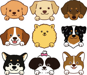 Set of outlined cute and simple dog heads with front paws