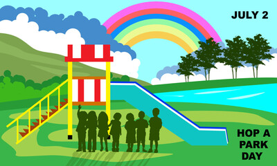silhouette of children on a playground with slides and a small lake and a beautiful rainbow and bold text commemorating Hop A Park Day
