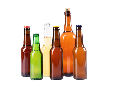 Beer collection isolated on transparent background. Blonde and dark beer, artisanal. Bottles of different colors capacities.
