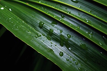 Tropical coconut palm leaf with water droplets. Closeup nature photo of palm leaves background textures after rain, relaxing natural sunlight. Water droplet, droplets, botany jungle