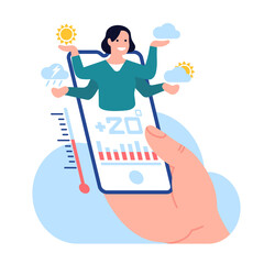 Fototapeta premium Online weather forecast. Modern smartphone application. Mobile technology. Meteorologist report. Sun or cloud prediction. Meteorology phone app. Temperature measurement. png concept